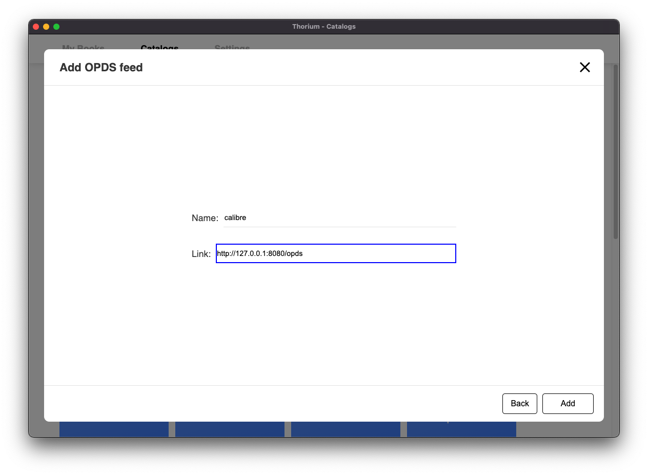Screenshot of Thorium Add OPDS feed panel