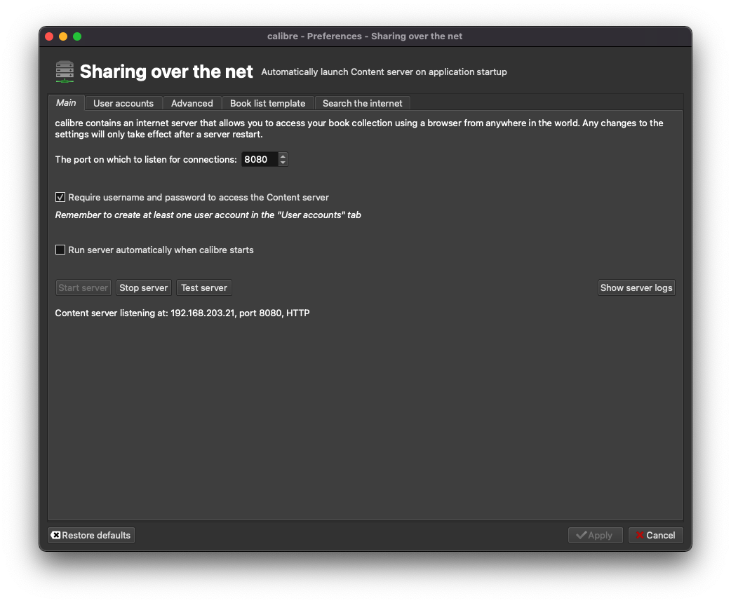 Screenshot of Calibre preference Panel showing content server listening at 192.168.203.21 port 8080