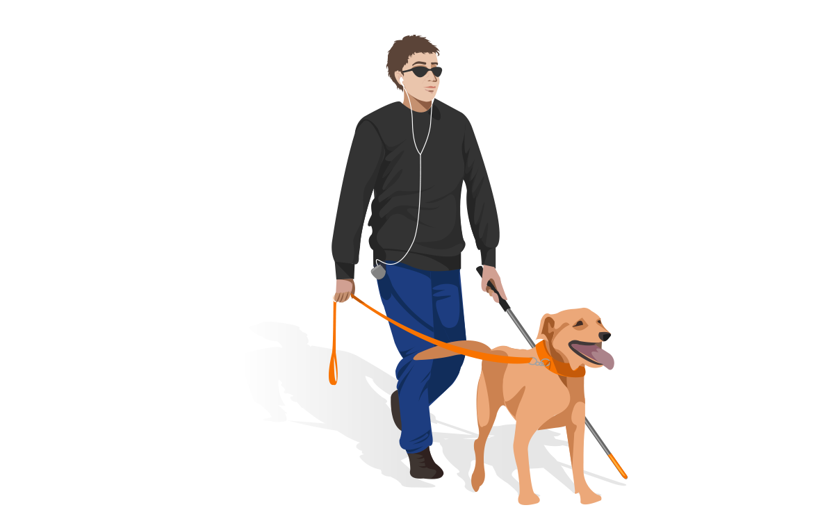 accessibility : low vision man with headphones walking with dog